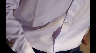 white blouse and jeans cum shot closeup