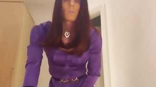 jess silk riding dildo in purple satin dress and skiny purple jacket with red wig